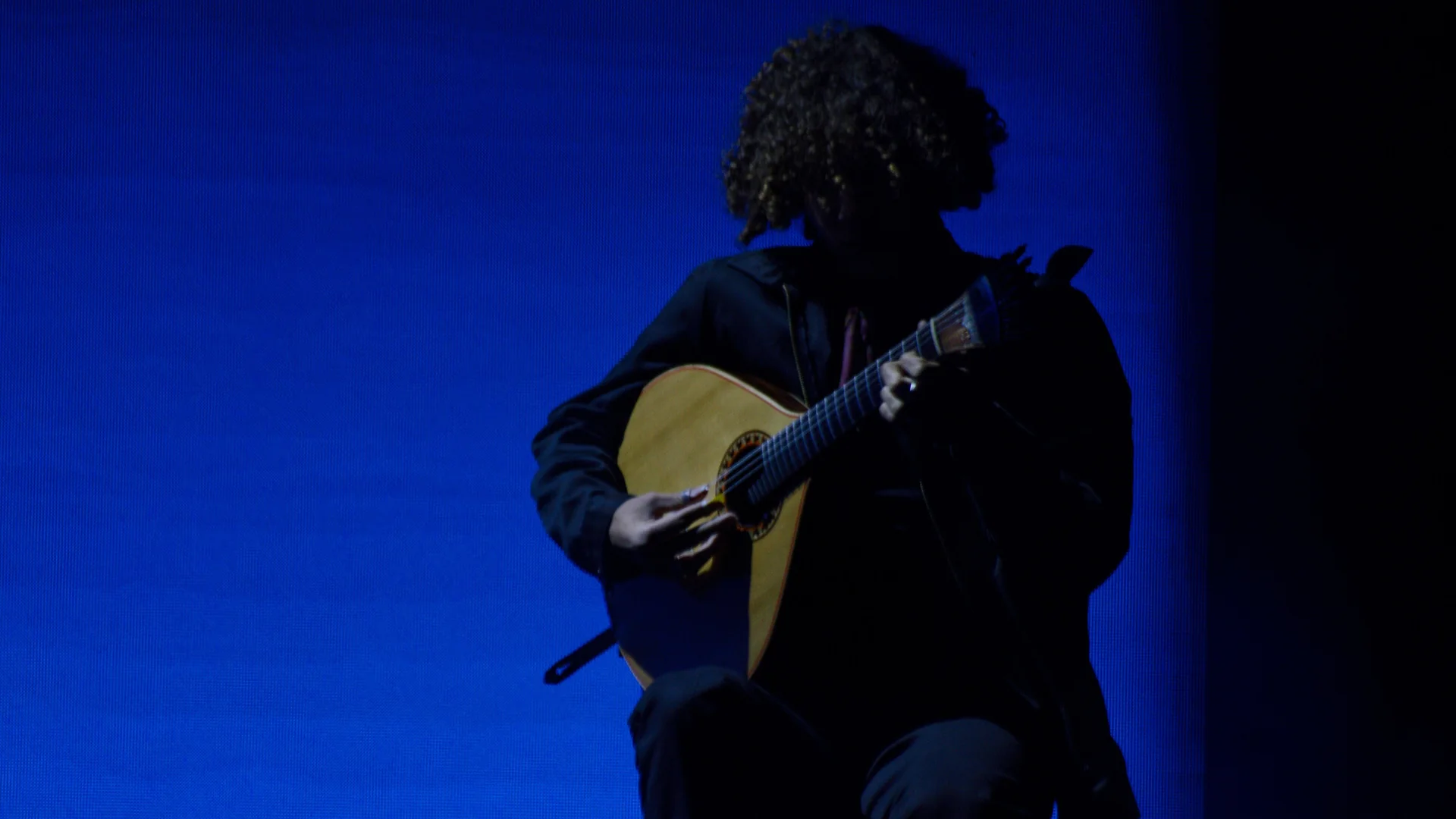A guitarist in silhouette plays a Portuguese guitar, its pale pear-shaped body lit against a deep blue stage backdrop
